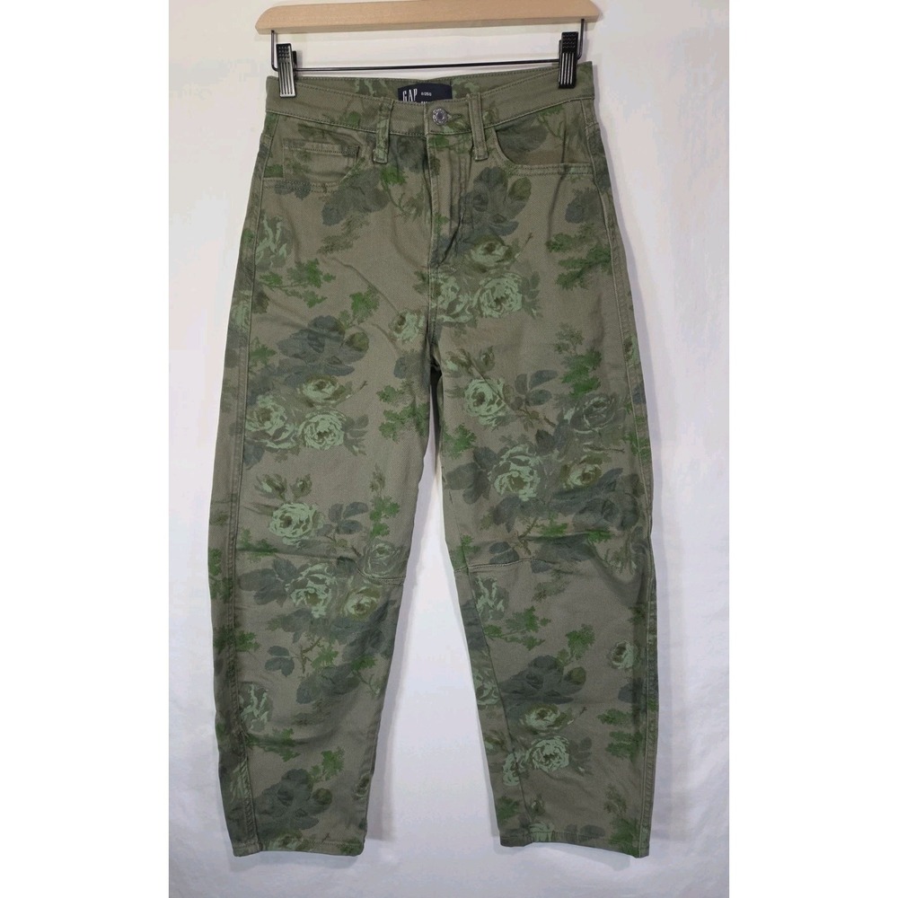 Gap Barrel Jeans Womens 0/25S Olive Green Floral Rose Print High Rise Boho Hippy